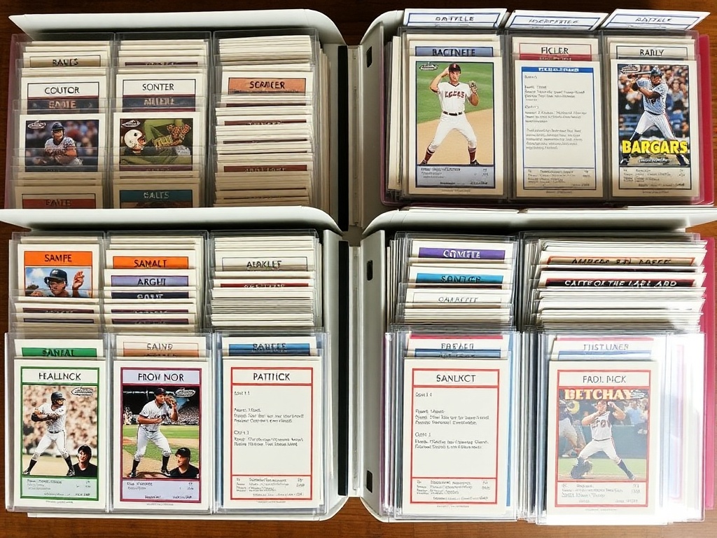 trading card collection organized with labeled dividers showing sets and rarity sections