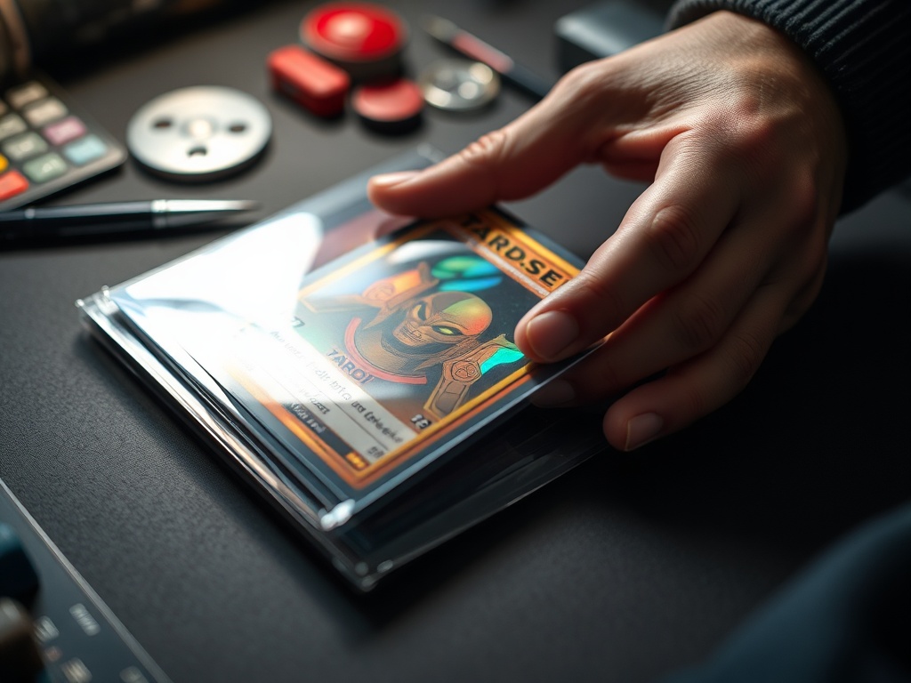 close-up of hands carefully sleeving a rare holographic trading card under soft lighting, high detail, collector workspace aesthetic