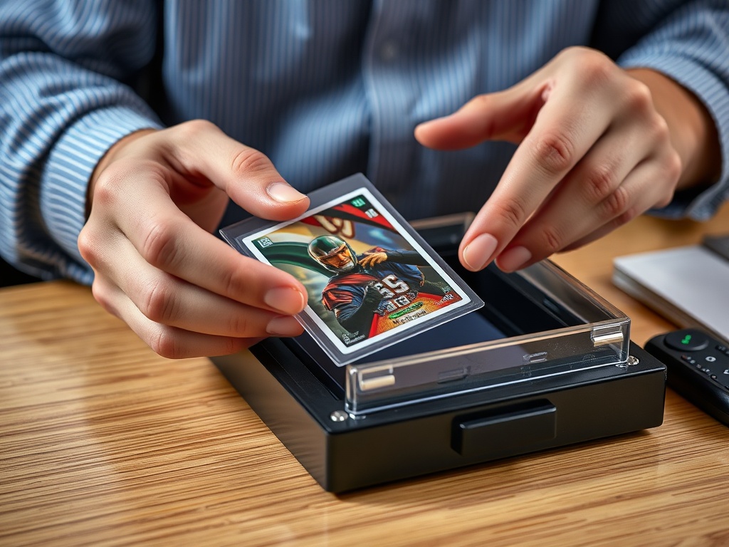 collector carefully placing a sleeved card into a rigid top loader, focused hands, clean desk, premium trading card