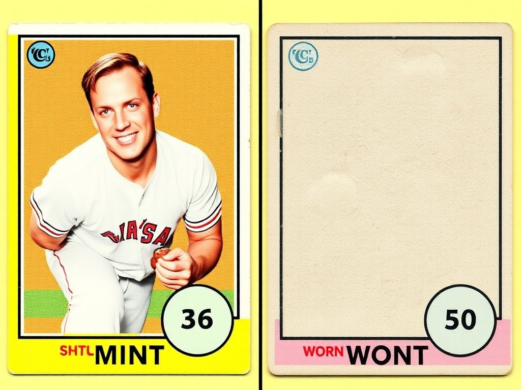 comparison of mint vs worn trading card side by side, highlighting edges, corners, and surface differences clearly