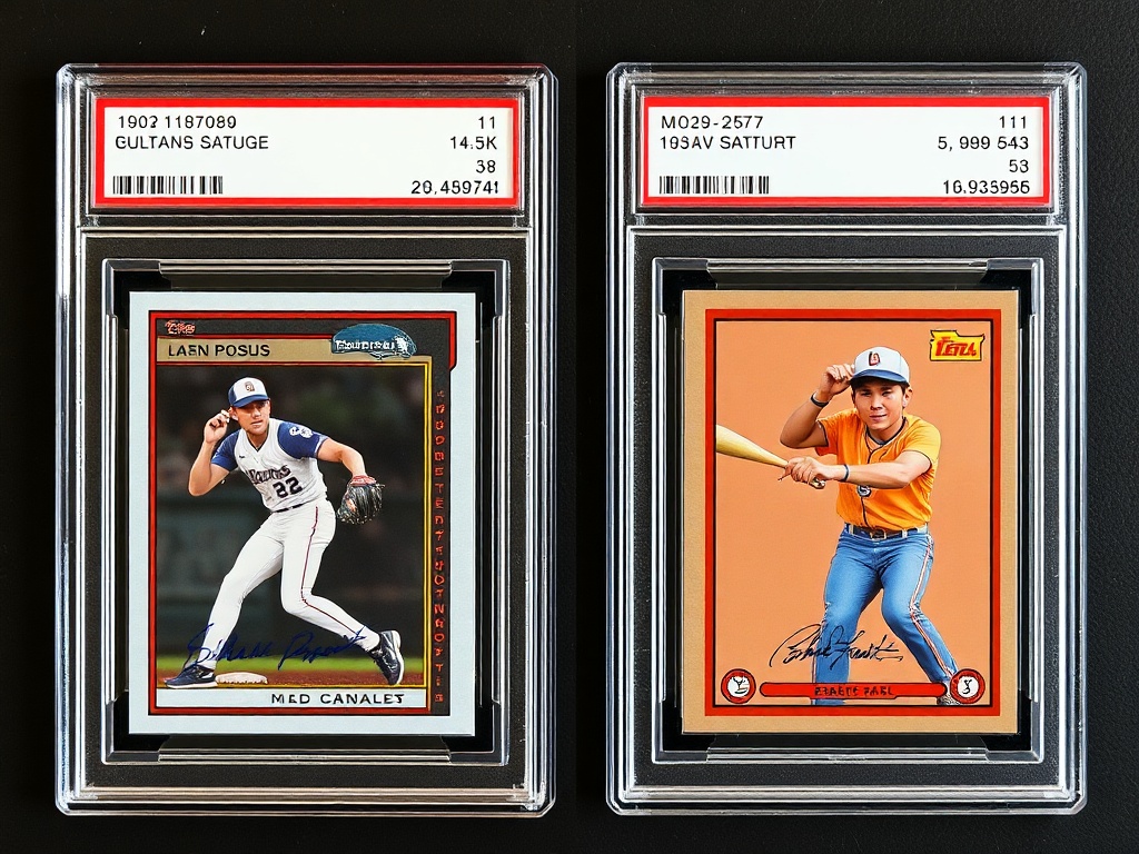graded trading cards in protective slabs displayed in a premium case, high-end collector showcase aesthetic