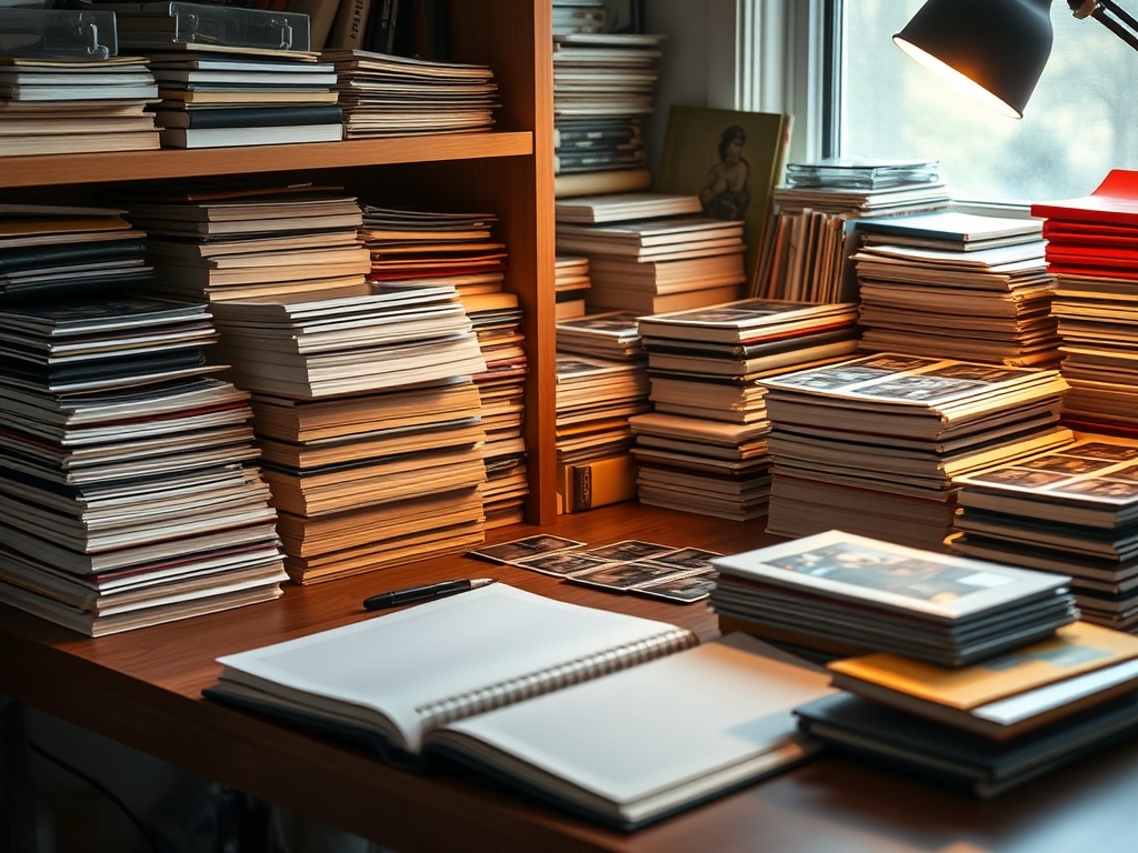 organized card collecting desk with stacks of sleeves, top loaders, and binder pages neatly arranged, warm ambient lighting