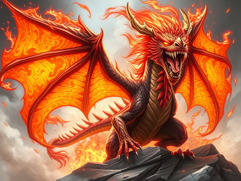 A powerful image of the Shivan Dragon card, with its fiery wings and intimidating presence