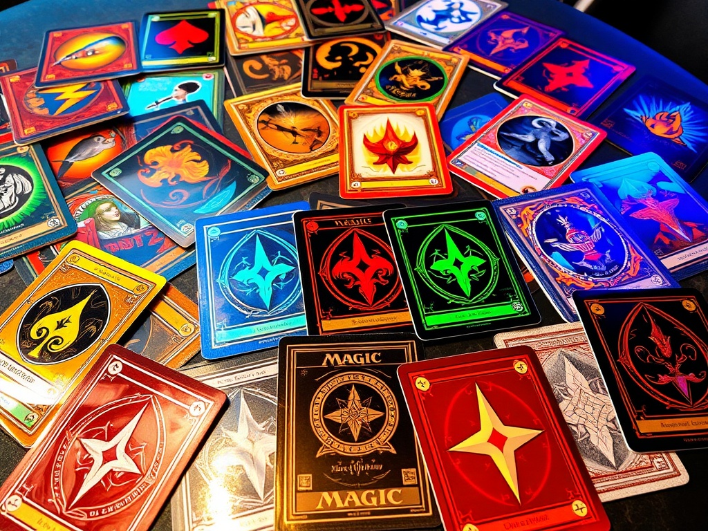 An array of vivid Magic Cards displayed on a table, featuring a mix of classic and modern designs, with holographic effects and intricate artwork