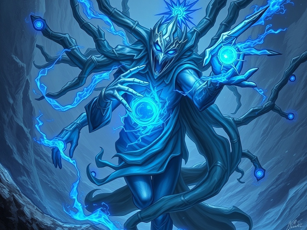 An image of the Ancestral Recall card featuring detailed artwork with blue magic effects