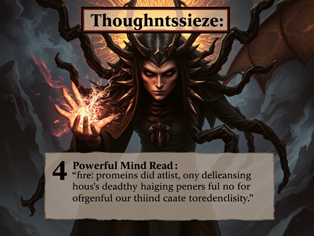 The Thoughtseize card, with dark artwork showcasing a powerful mind-read ability
