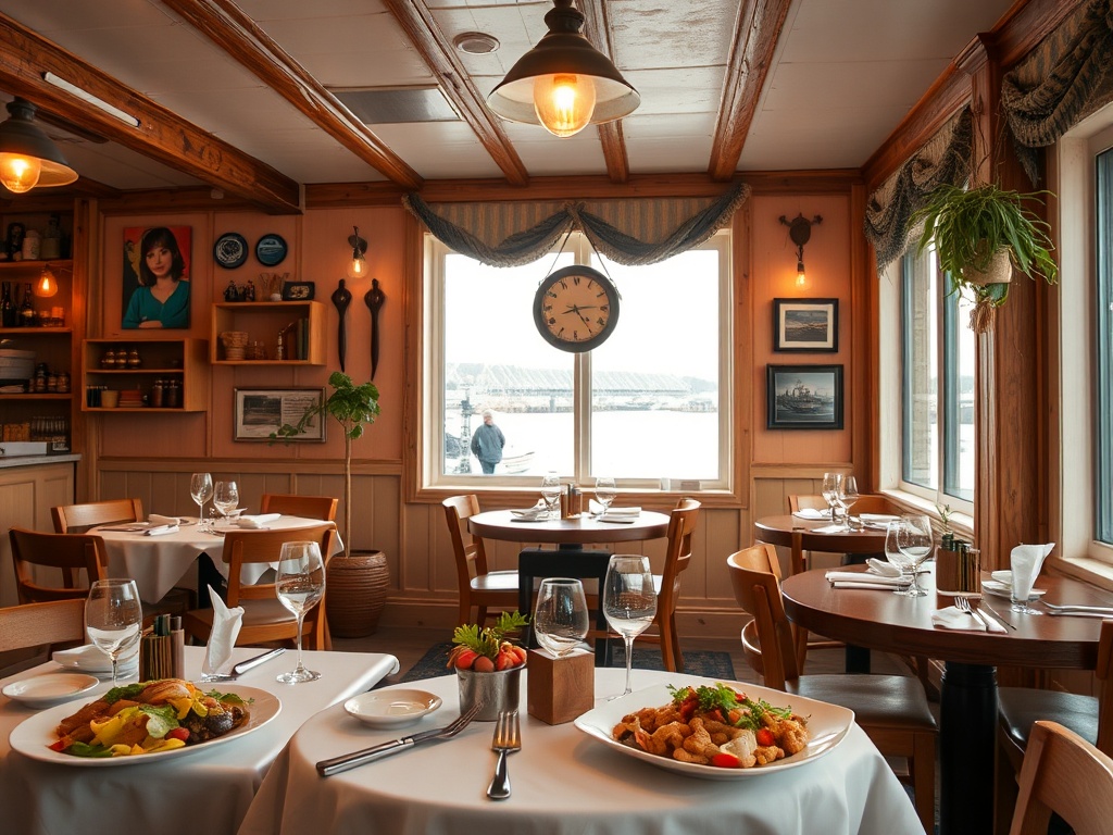 cozy maritime restaurant with warm lighting and simple seafood dishes