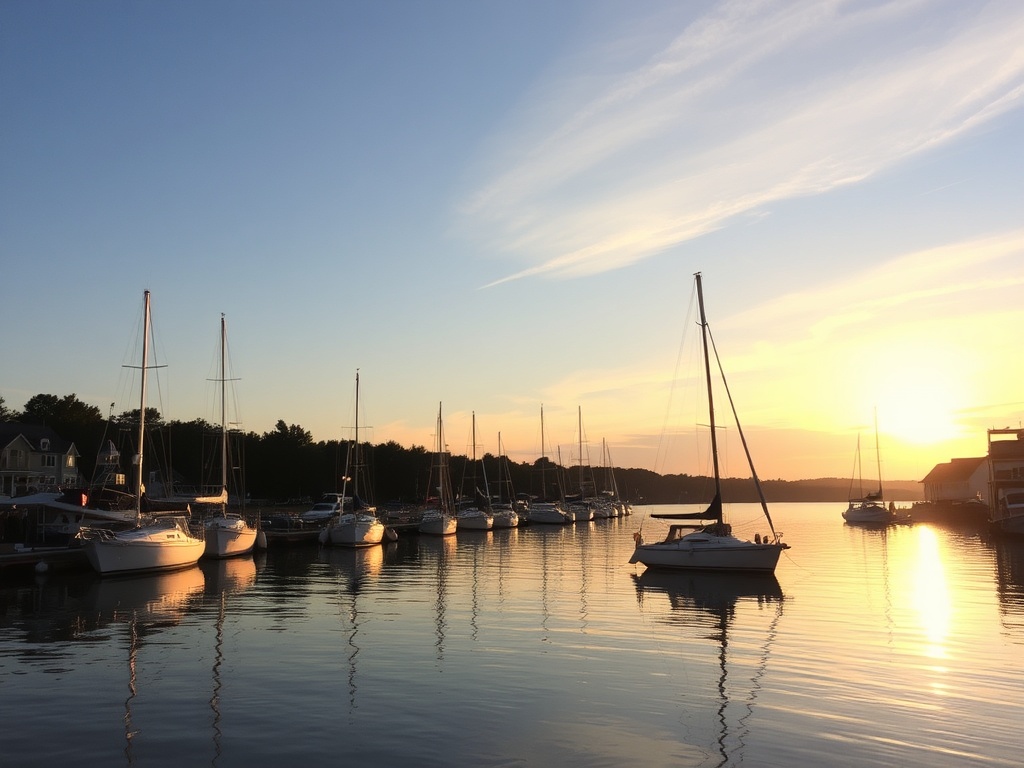 golden hour in Mahone Bay with soft light on harbour and calm evening atmosphere