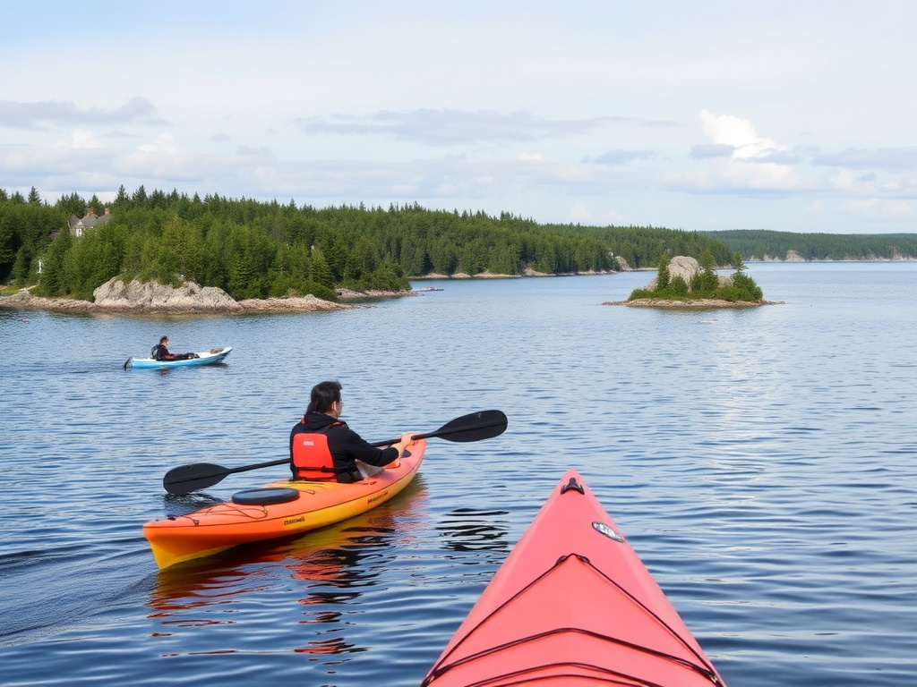 kayaking around Mahone Bay islands with calm water and scenic Nova Scotia coastline