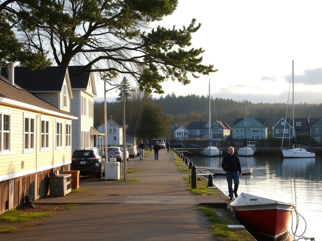 morning waterfront in Mahone Bay with locals walking and soft coastal light