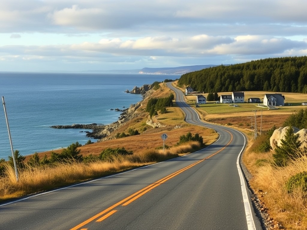 quiet coastal road near Mahone Bay with ocean views and rural Nova Scotia landscape