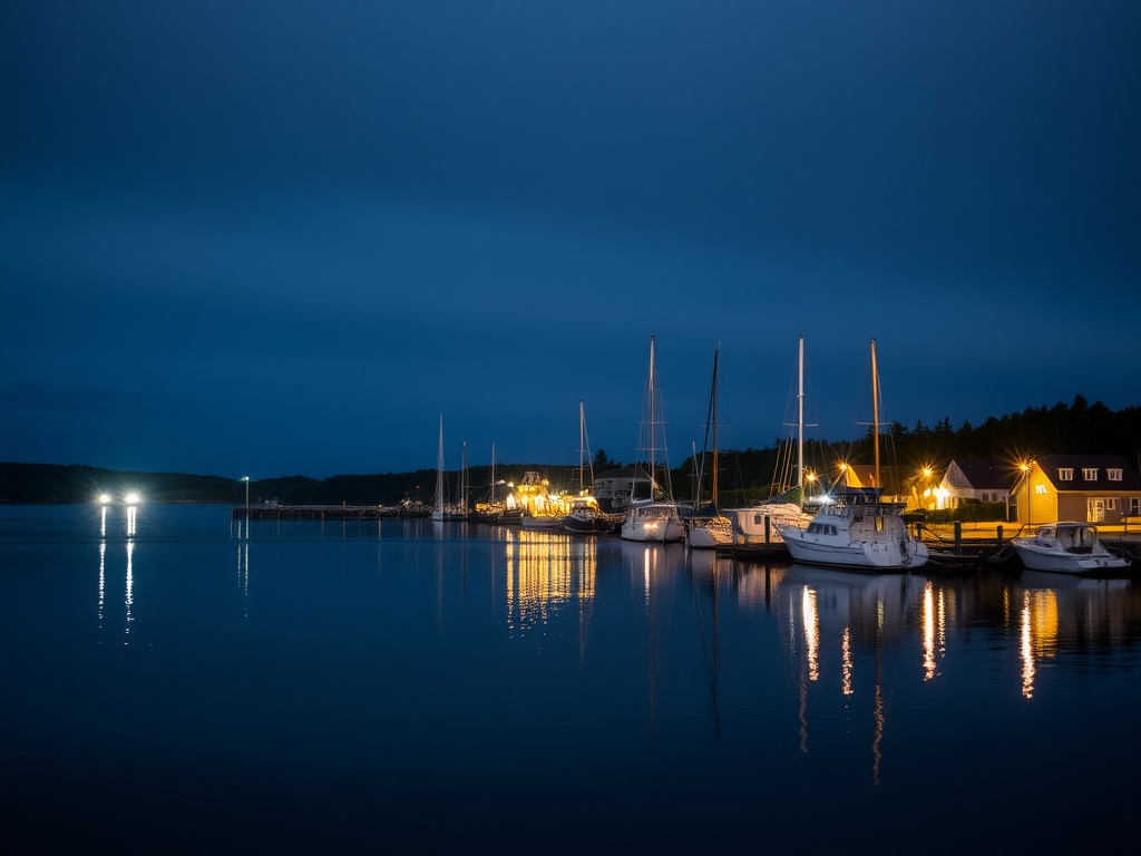 quiet Mahone Bay harbour at night with reflections and minimal lights