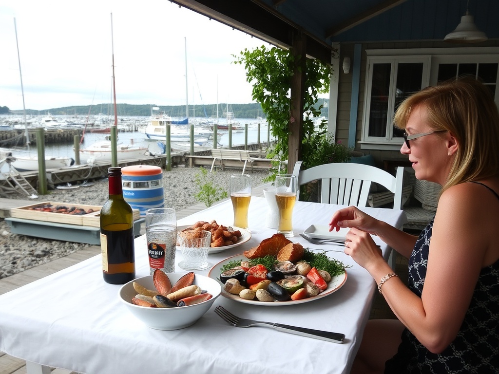 seaside lunch in Mahone Bay with seafood and harbour view