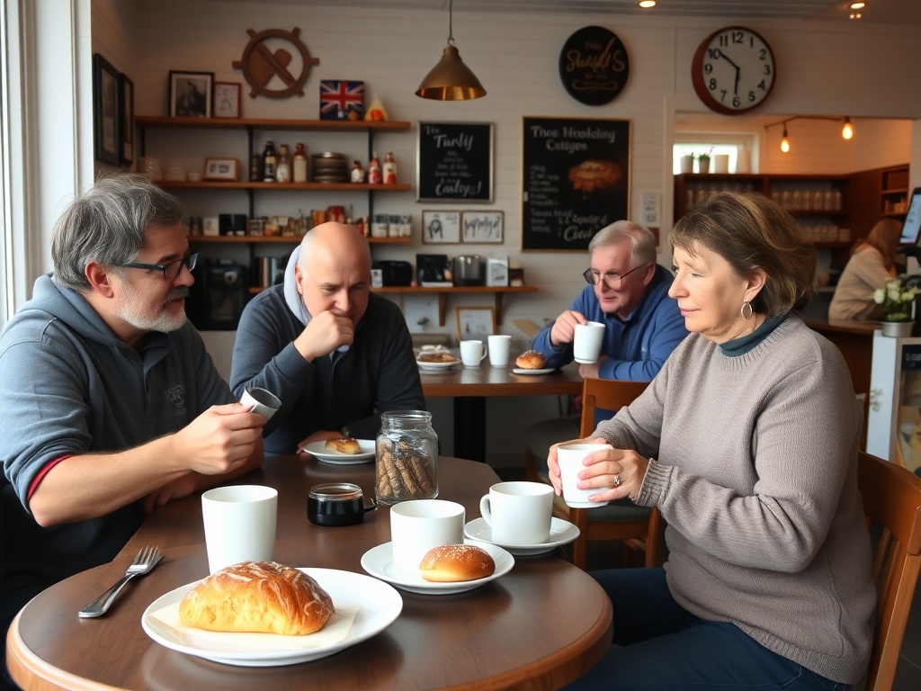 small coastal Nova Scotia cafe with locals drinking coffee and fresh baked goods