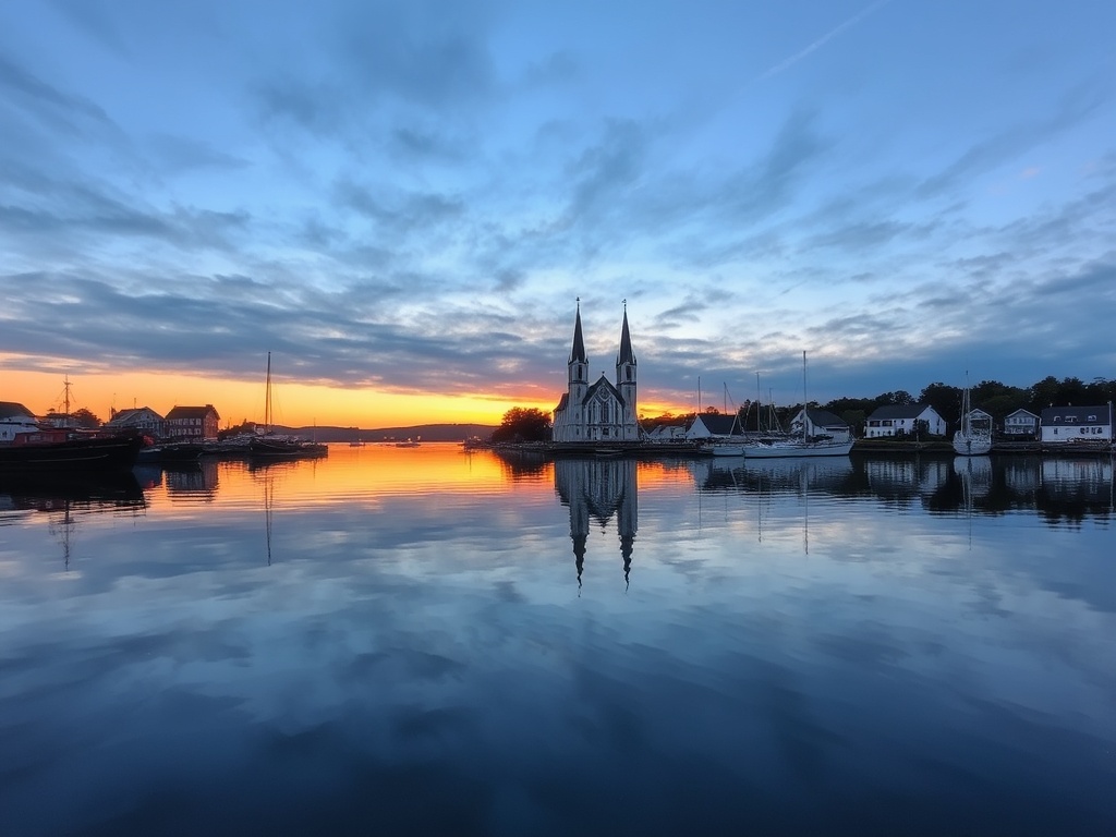 sunrise over Mahone Bay harbour with iconic three churches and still water reflections