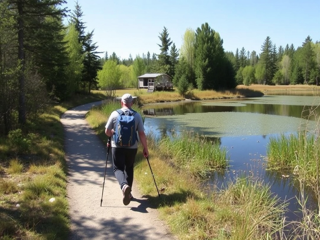A hiker walking on a peaceful trail in Rideau Valley Conservation Centre, with views of the pond and surrounding nature