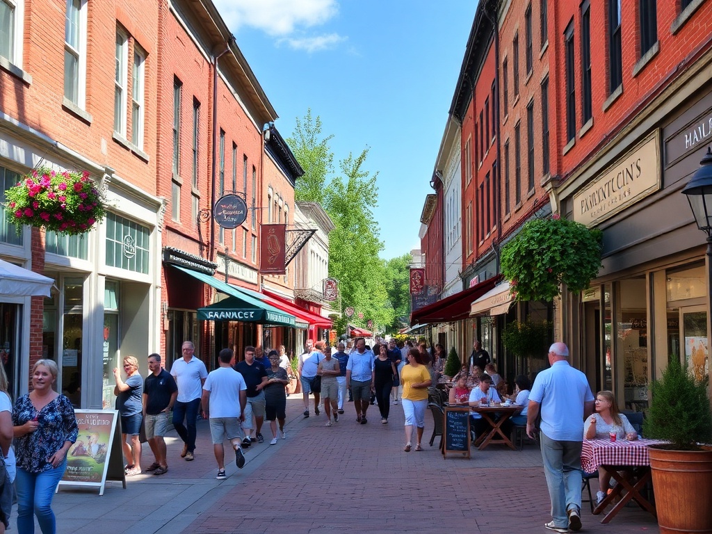 A lively street scene in Manotick Village with people shopping, eating outdoors, and strolling