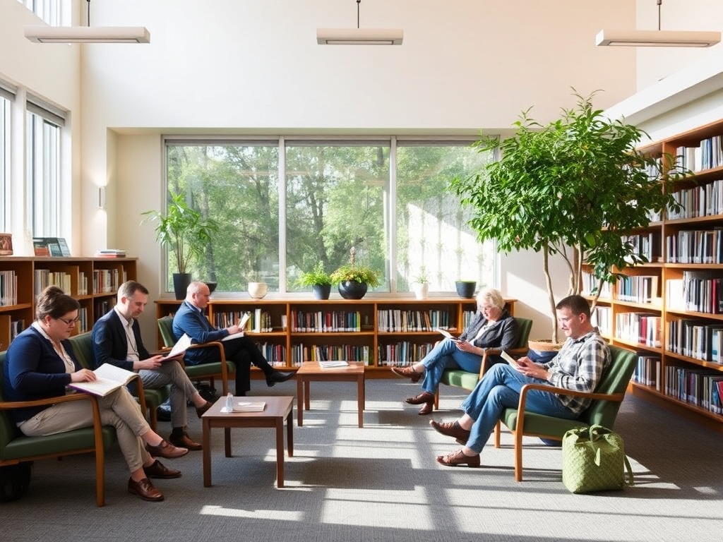 A quiet afternoon at the Manotick Library with people reading and enjoying the peaceful environment