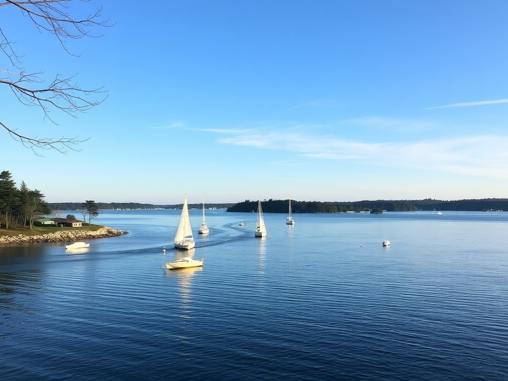 A serene view of Miller’s Bay with boats gently floating on the water and trees lining the shoreline