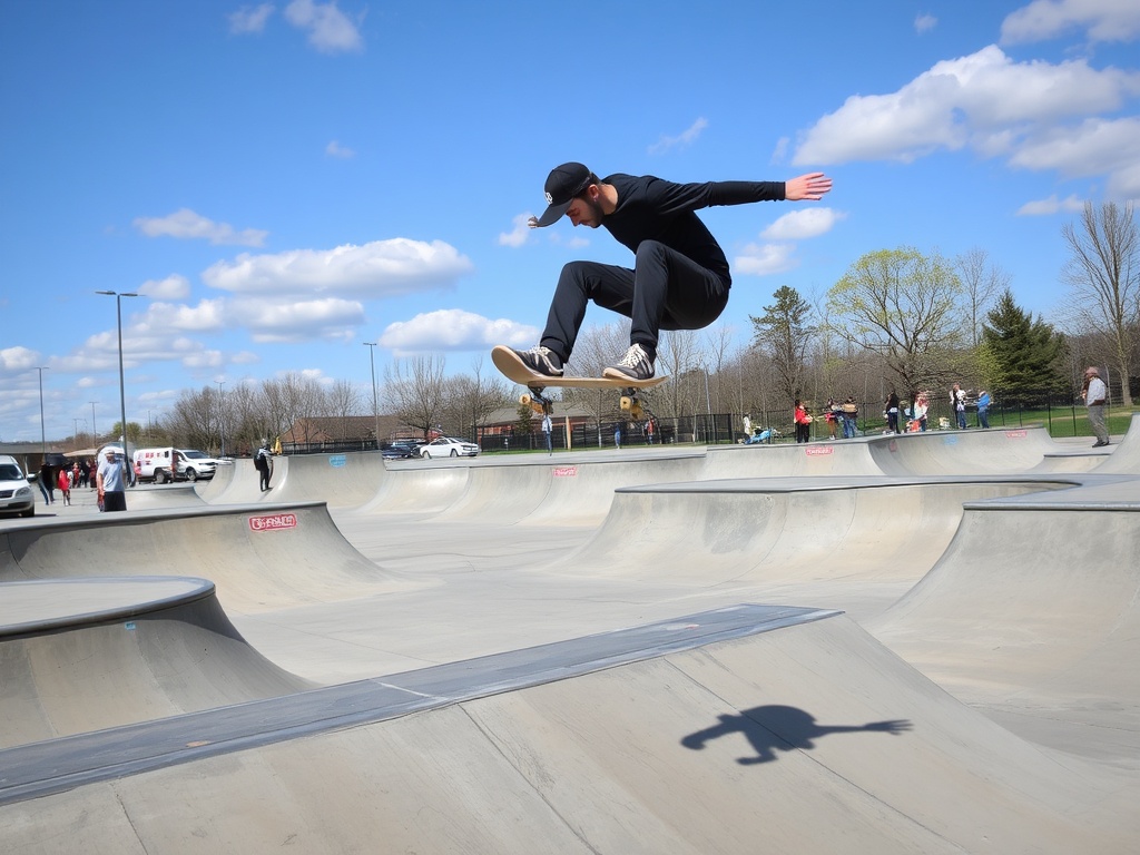 A skater performing tricks at Manotick Skatepark with ramps and spectators in the background