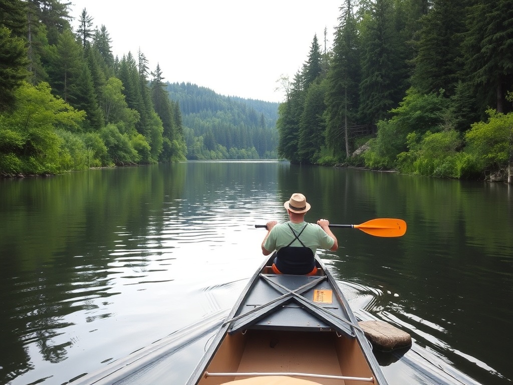 Canoeist paddling along the calm waters of the South Nation River surrounded by green forests