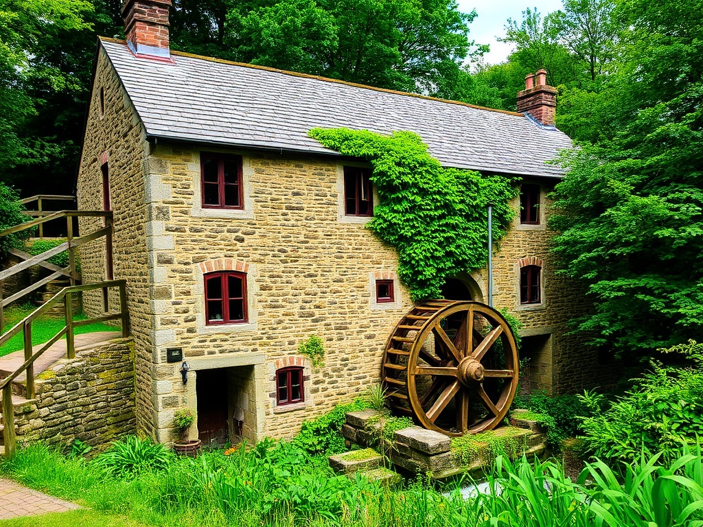 Exterior view of Watson's Mill, an old stone building with a water wheel, surrounded by lush greenery