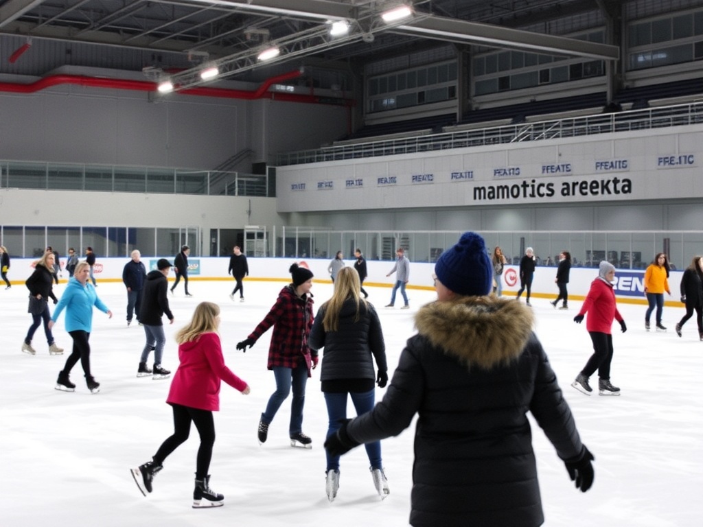 Ice skaters enjoying a public session at the Manotick Arena, with the rink's bright lights and ice reflections