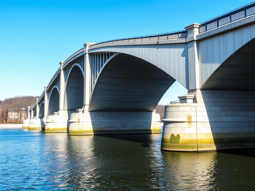 The Vimy Memorial Bridge with its elegant arches spanning over the Rideau Canal, set against a backdrop of blue skies