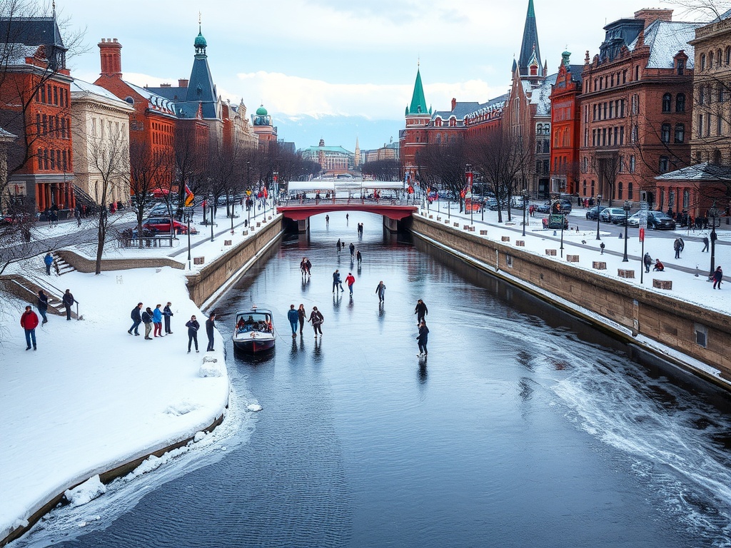 Vivid scene of the Rideau Canal in winter with skaters, snow-covered banks, and nearby historical buildings