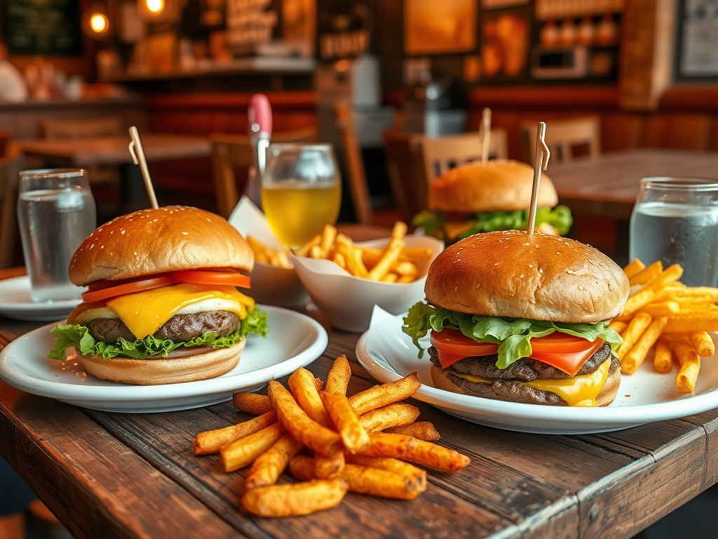 casual lunch scene with burgers, sandwiches, fries on rustic table, friendly atmosphere