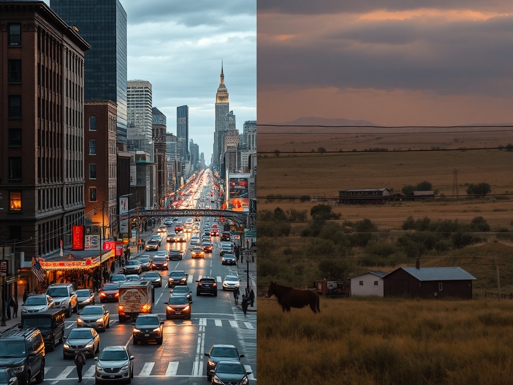 contrast between busy city chaos and calm prairie town, split scene