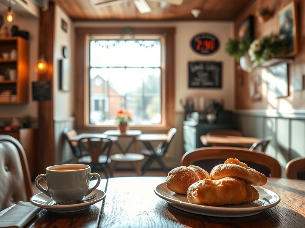 cozy small town cafe interior with sunlight, coffee and pastries on wooden table