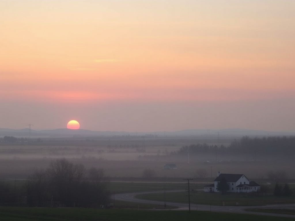 early morning prairie sunrise over quiet town, soft pastel sky, peaceful mood