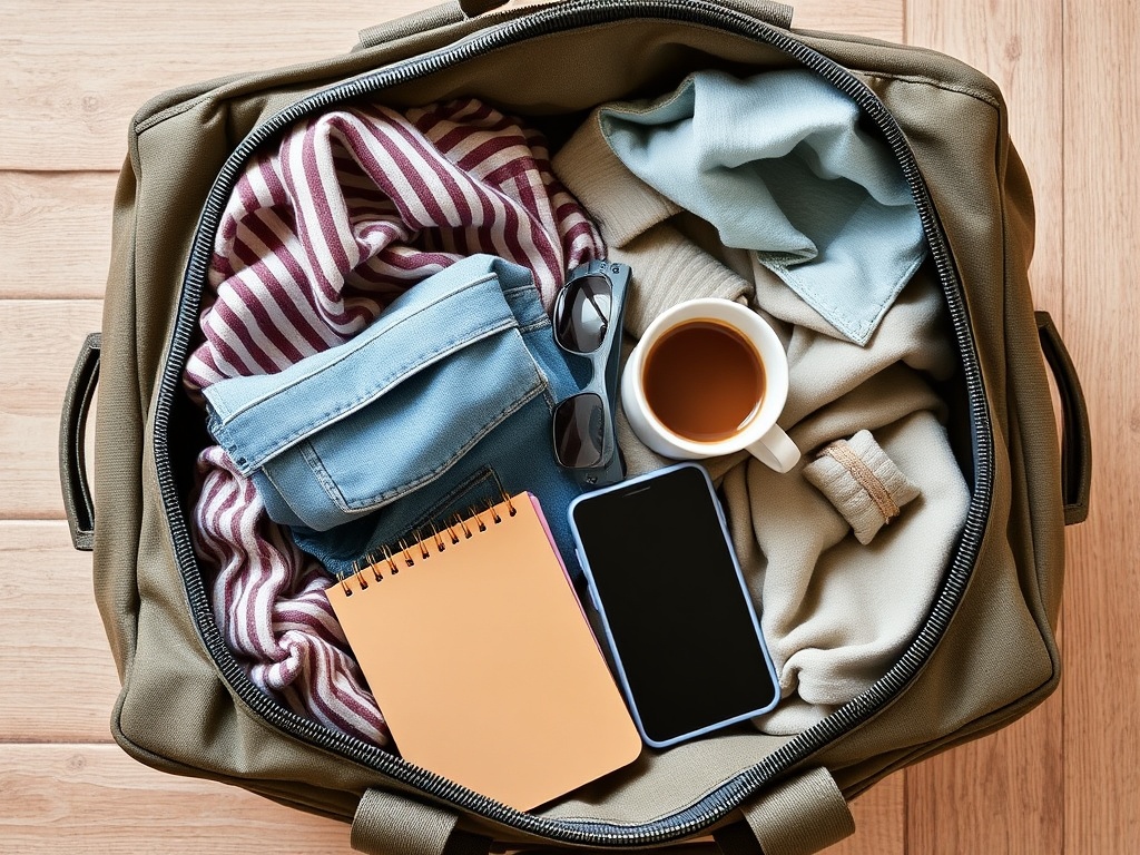 packed weekend bag with casual clothes, coffee cup, notebook, sunglasses