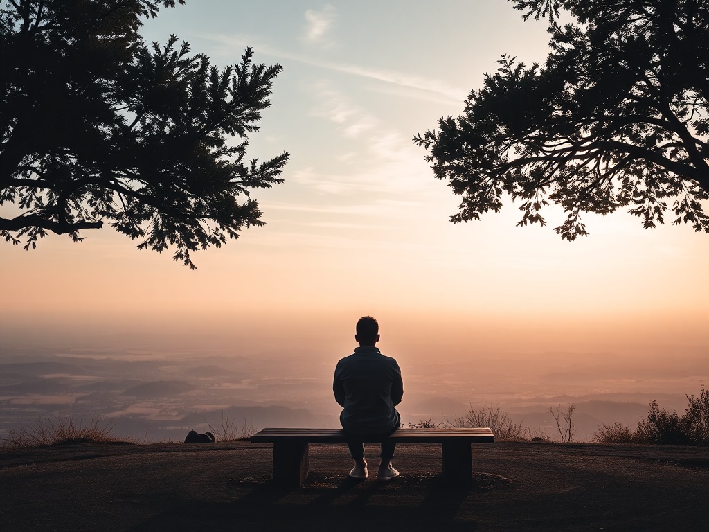 person sitting quietly on bench looking over open landscape, reflective mood