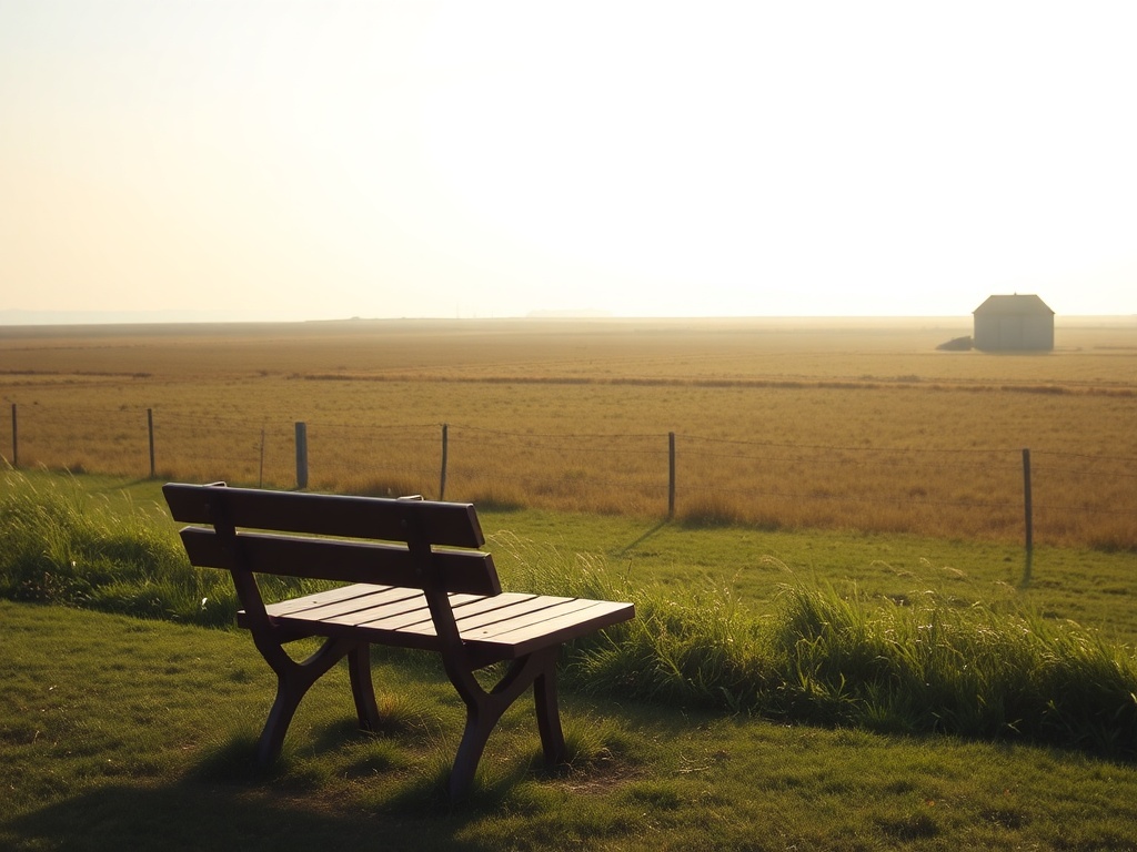 quiet park bench overlooking open prairie field, soft wind, peaceful scene