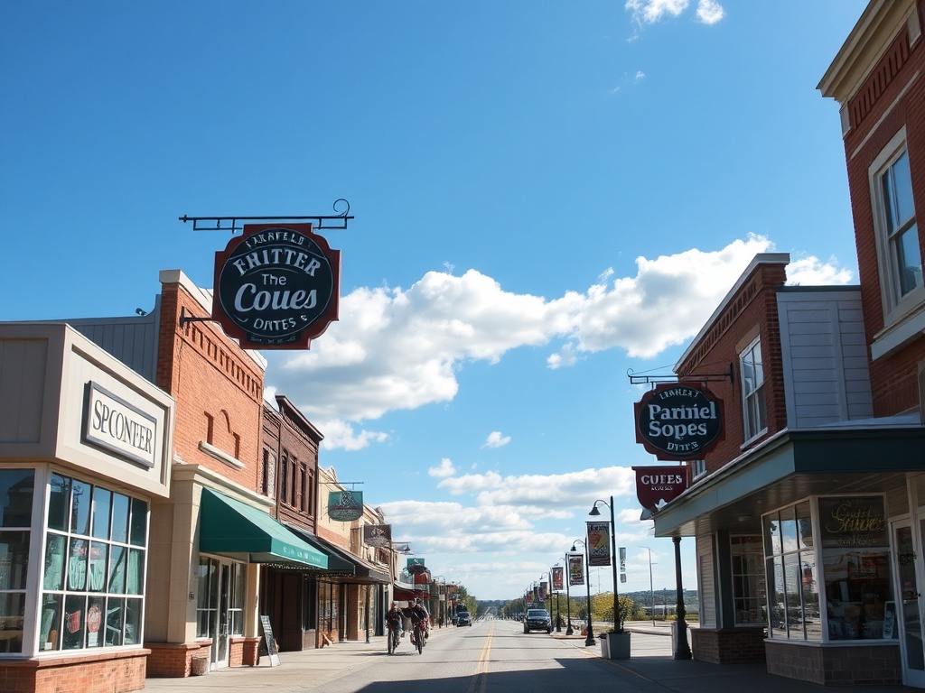small prairie town main street with local shops, bright sky, relaxed vibe