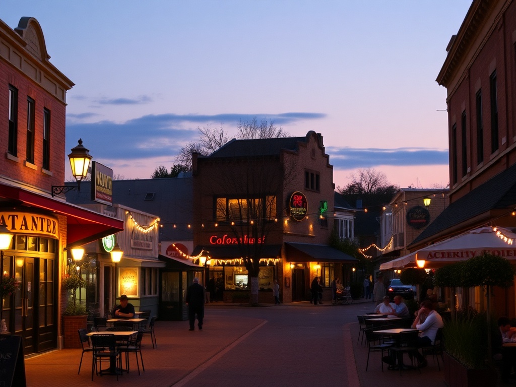 small town evening street with warm lights, casual diners, relaxed social vibe