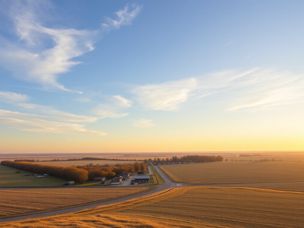 wide open prairie sky over a quiet small town, golden light, calm atmosphere