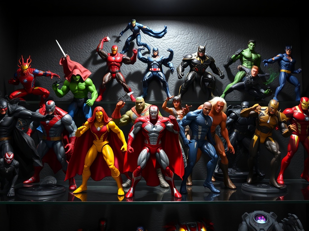 a detailed shelf of Marvel Legends figures posed in dynamic action stances with dramatic lighting