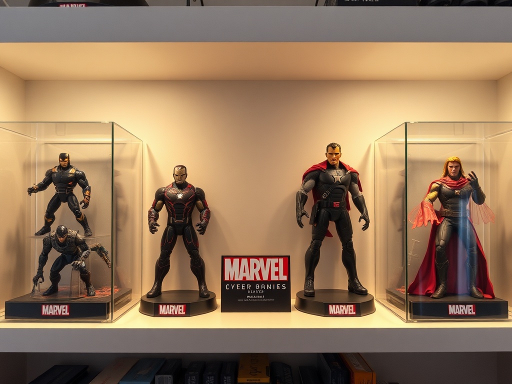 clean organized display shelf with Marvel figures in protective cases and controlled lighting