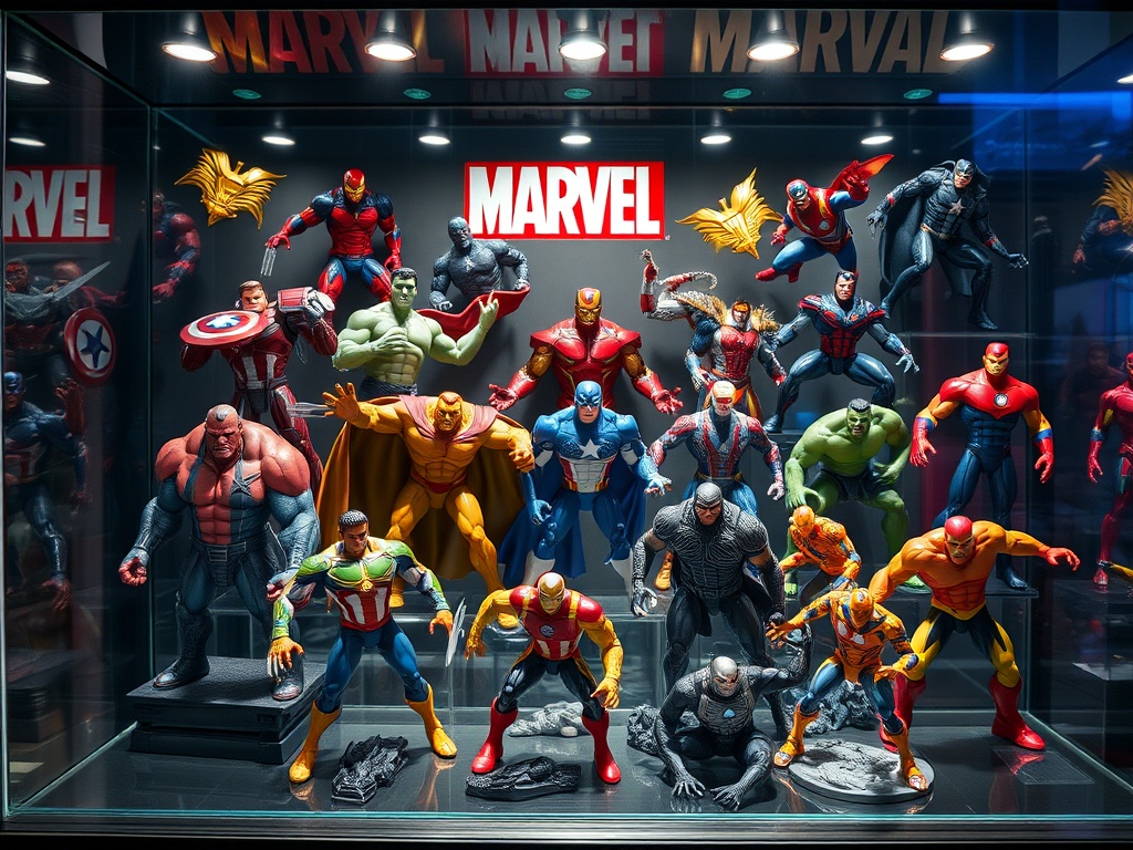 impressive Marvel action figure collection displayed in a premium glass cabinet with dramatic lighting