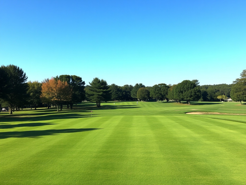 A green golf course with wide fairways, surrounded by trees, and golfers in the distance on a sunny day.