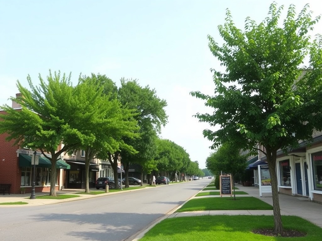 A peaceful street in Mascouche with lush trees and small shops. The scene is peaceful and welcoming, reflecting the calm ambiance of the town.
