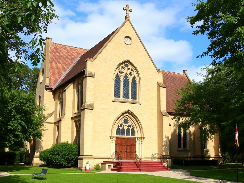 A traditional church with gothic architecture, stained glass windows, and a serene green space around it.