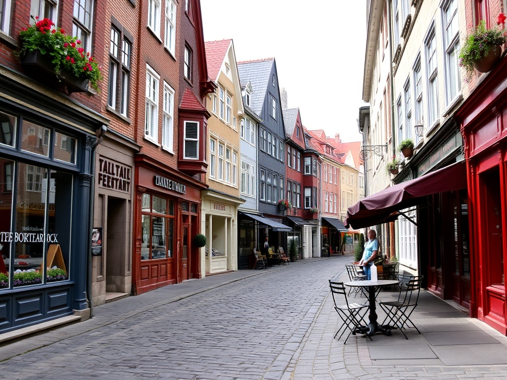 Old Quebec-style street with cobblestones, shops with colorful facades, and a cafe table on the sidewalk.