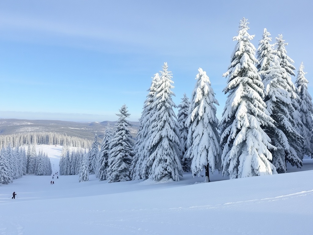 Winter landscape at Mont Saint-Bruno with snow-covered trees and people skiing in the distance.