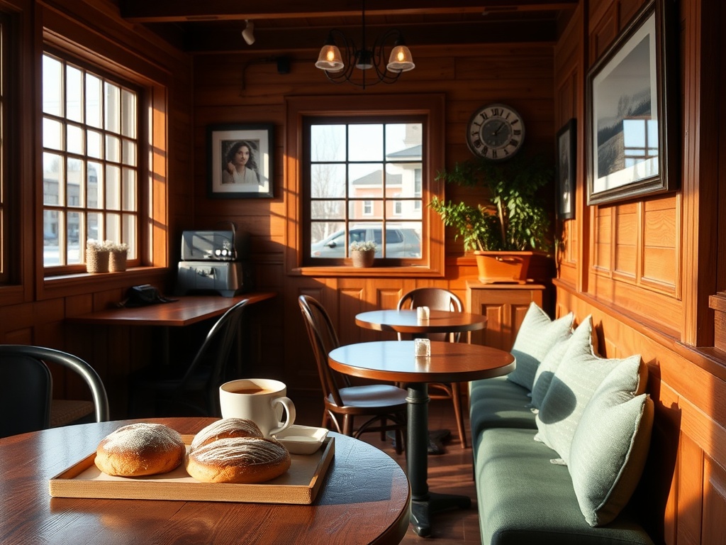 cozy Quebec cafe interior warm wood pastries espresso natural light small town vibe
