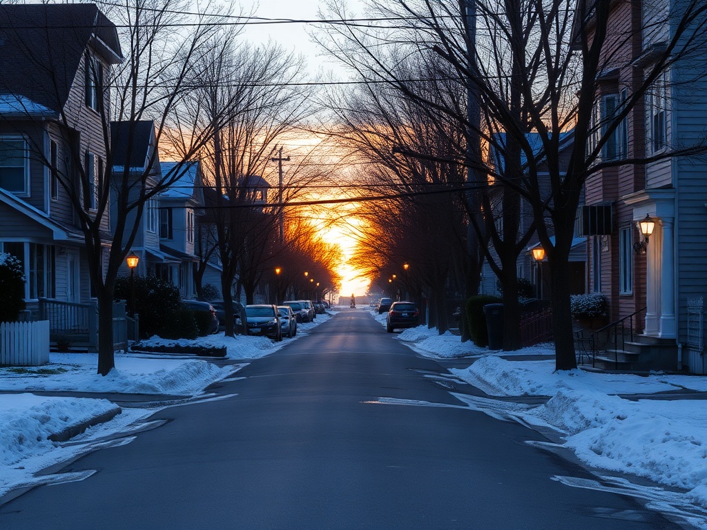 early morning Mascouche neighborhood quiet street sunrise soft light Quebec suburban calm