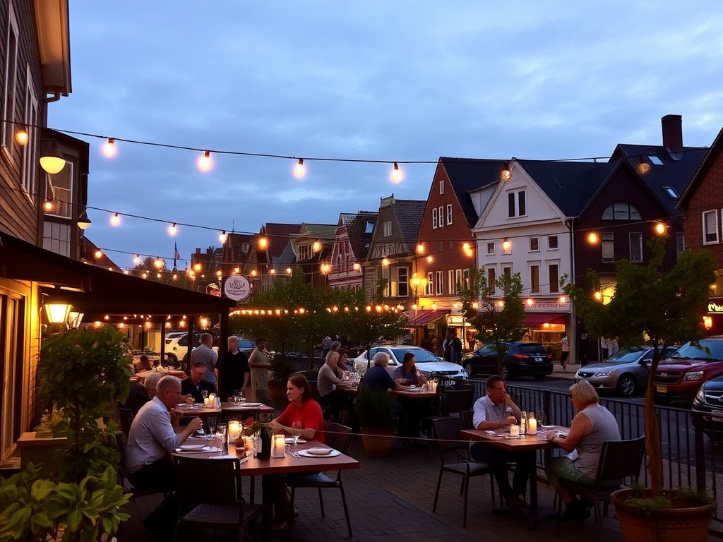 evening patio Quebec small town warm lights relaxed dinner casual atmosphere